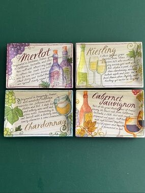 Four Grasslands Road wine-themed appetizer plates, vintage-style wine labels